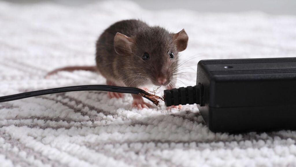 A curious mouse beside a power cord, highlighting the need for effective mice control in Rhode Island to protect homes and prevent hazards.