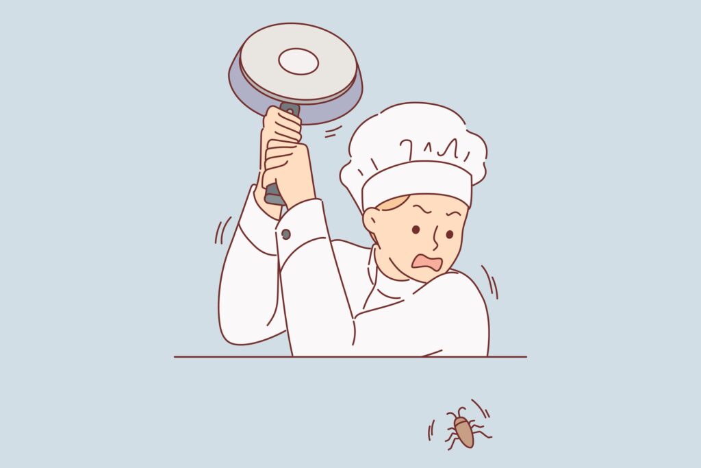 Annoyed chef in a Rhode Island kitchen dealing with a pest problem, highlighting the need for Pro Mosquito Solutions’ professional pest control services.