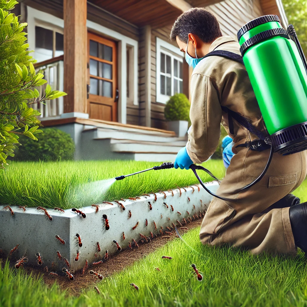 A professional pest control worker sprays the foundation of a house to prevent ant infestations, focusing on applying treatment directly to the base of the structure.