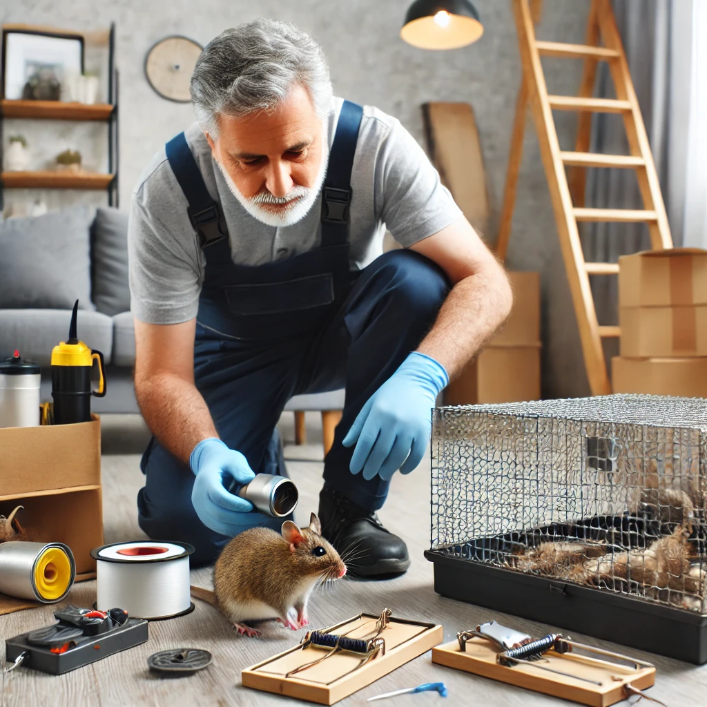 An experienced exterminator setting up traps and inspecting a home for signs of rodent activity, equipped with professional tools and safety gear.