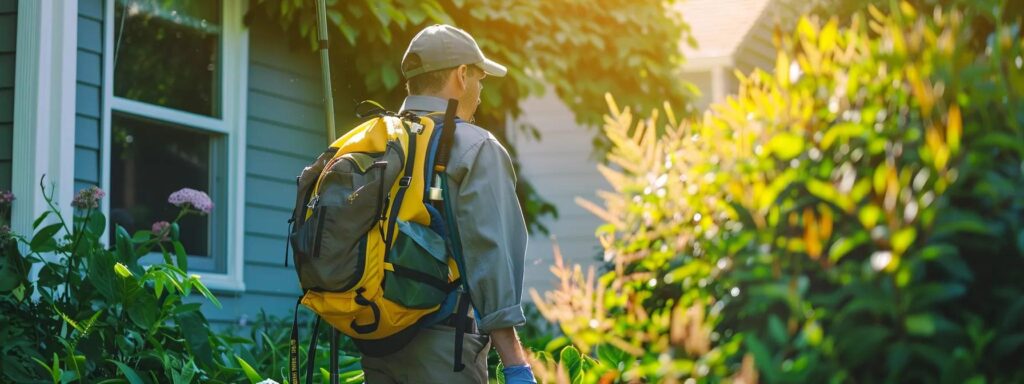 A professional pest control technician inspecting a pristine Rhode Island home with advanced equipment, highlighting rodent prevention amid lush greenery.