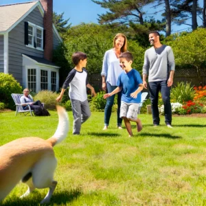 A family enjoying their tick-free yard in Rhode Island, made safe and comfortable through effective tick spraying services by Pro Mosquito Solutions.