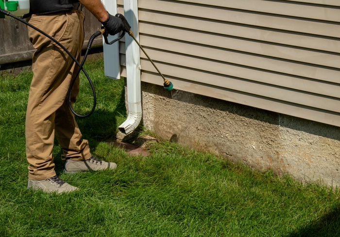 Pro Mosquito Solutions technician applying foundation barrier spray to protect homes and businesses from insects like ants, spiders, earwigs, and silverfish.