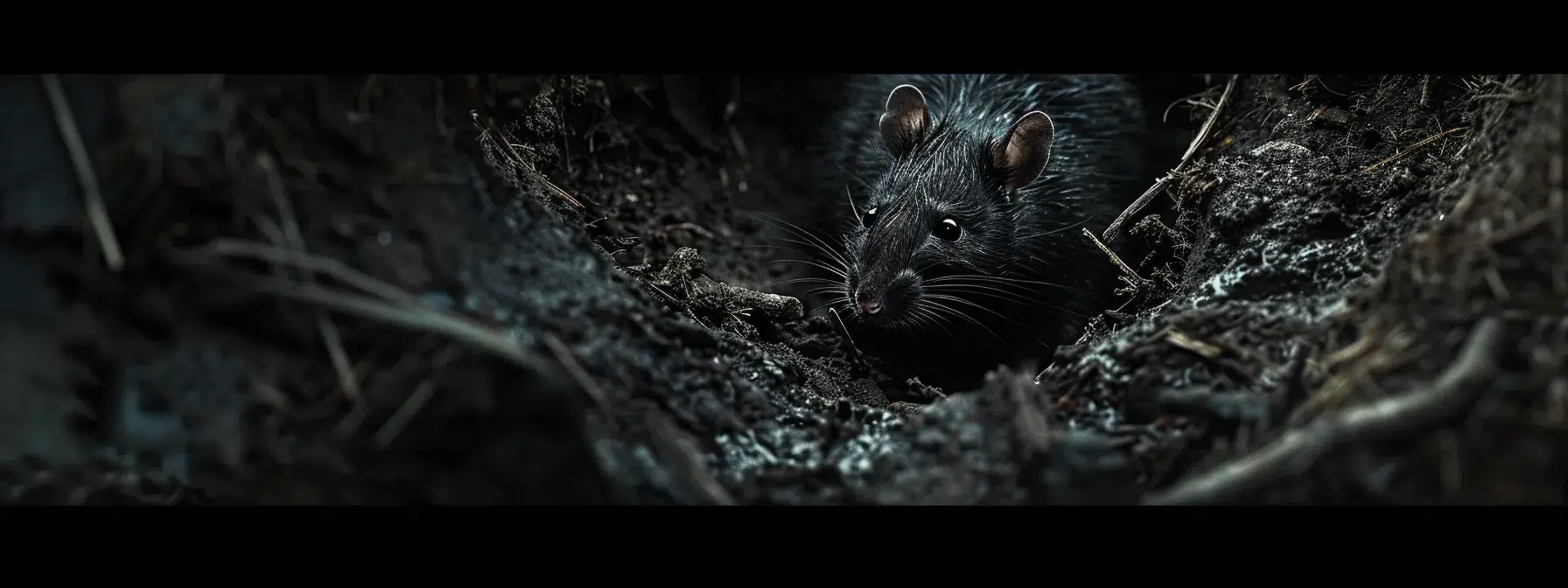 a menacing rat sneaking out of a dark and muddy burrow, highlighting the rodent threat in rhode island.