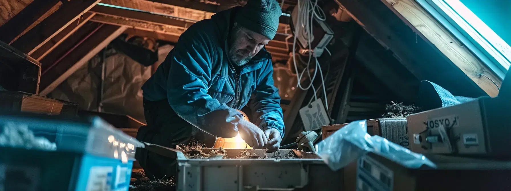 a professional exterminator carefully setting up advanced traps in a cluttered attic in rhode island, with focus on intricate bait placement and precision.