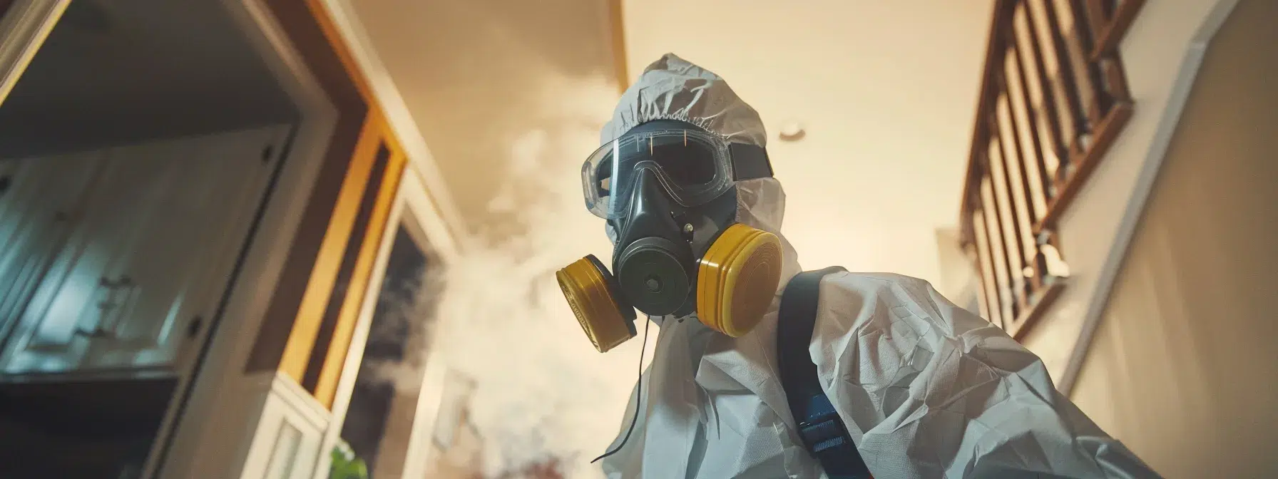 a professional exterminator inspecting a home with a keen sense of smell, wearing protective gear during the rodent infestation eradication process.