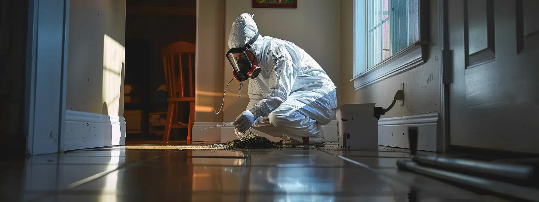 a professional pest control technician carefully setting up strategic poison applications to eliminate peromyscus and brown rats in a rhode island residential property.