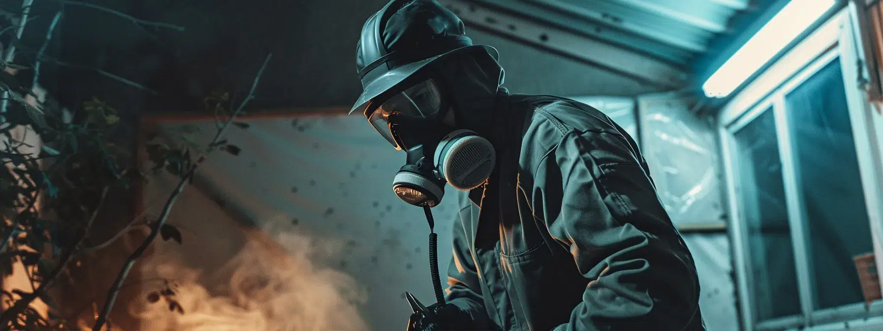 a professional pest control technician inspecting a home in rhode island, equipped with safety gear and specialized tools, to address rodent infestations.