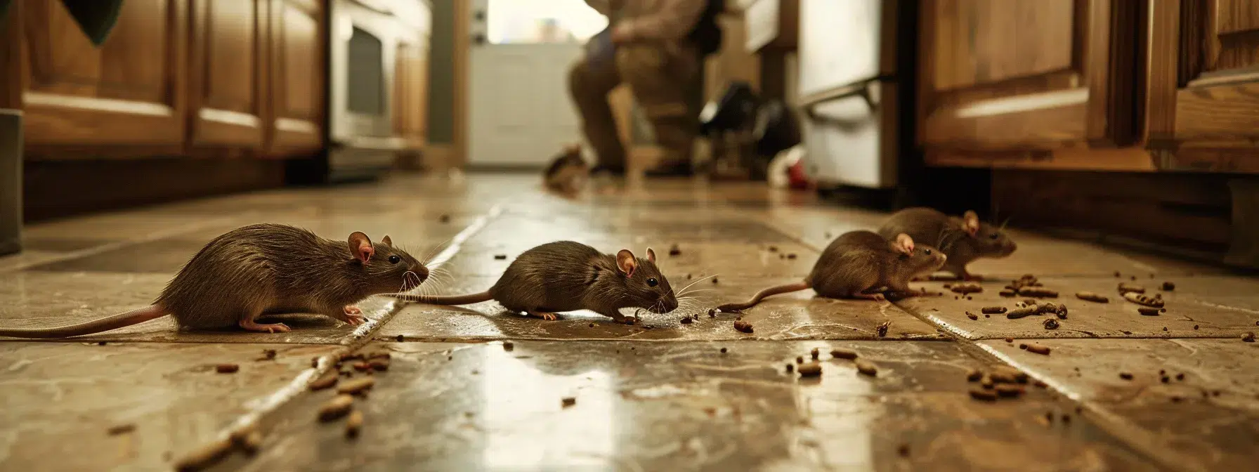 a skilled exterminator swiftly traps a group of sneaky rats scurrying across a cluttered kitchen floor.