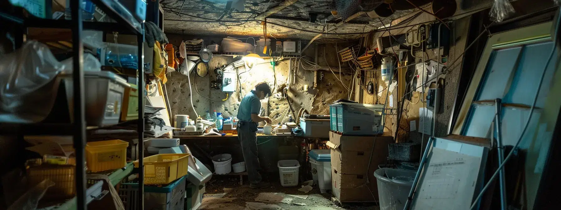 Exterminator setting up rodent traps in a cluttered basement in Rhode Island.