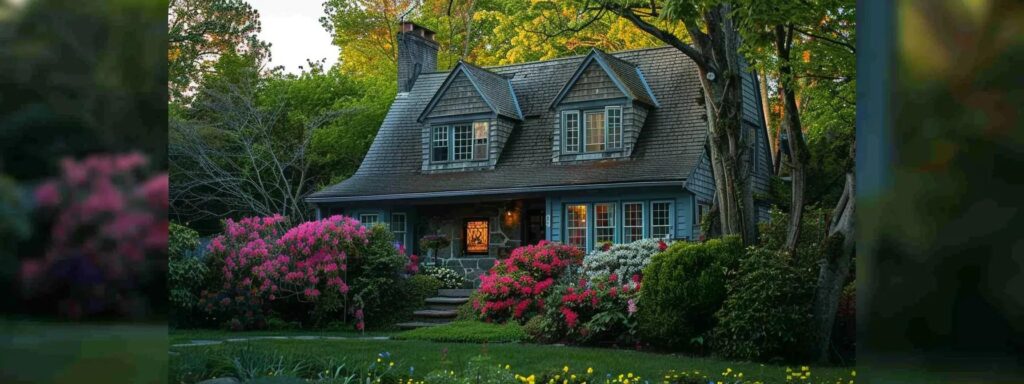 a close-up shot of a vibrant rhode island home, surrounded by blooming foliage, showcasing a menacing wasp nest nestled in the eaves, highlighting the urgent need for effective pest control solutions.