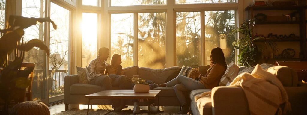 a cozy, sunlit living room reflects the peace of mind experienced by homeowners after effective rodent control, with a satisfied family gathered together, enjoying their newfound comfort and safety.