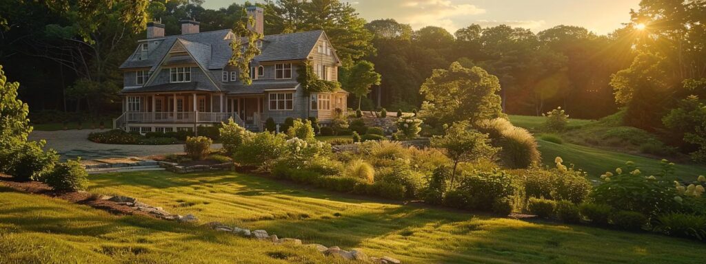 a dramatic view of a vibrant rhode island home surrounded by lush greenery, with a bold 'emergency pest control' banner prominently displayed, highlighting the urgency of immediate pest management efforts under soft, early evening light.