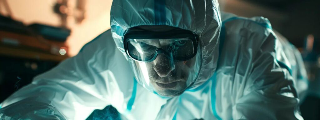 a focused and dramatic close-up of a professional pest control technician in protective gear intensely inspecting a residential area for signs of rodent infestation, illuminated by soft, natural light filtering through a nearby window.