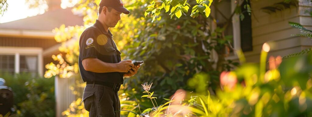 a licensed pest control professional confidently inspects a residential property in rhode island, surrounded by vibrant greenery, under soft, dappled sunlight that highlights the importance of responsible pest management practices.