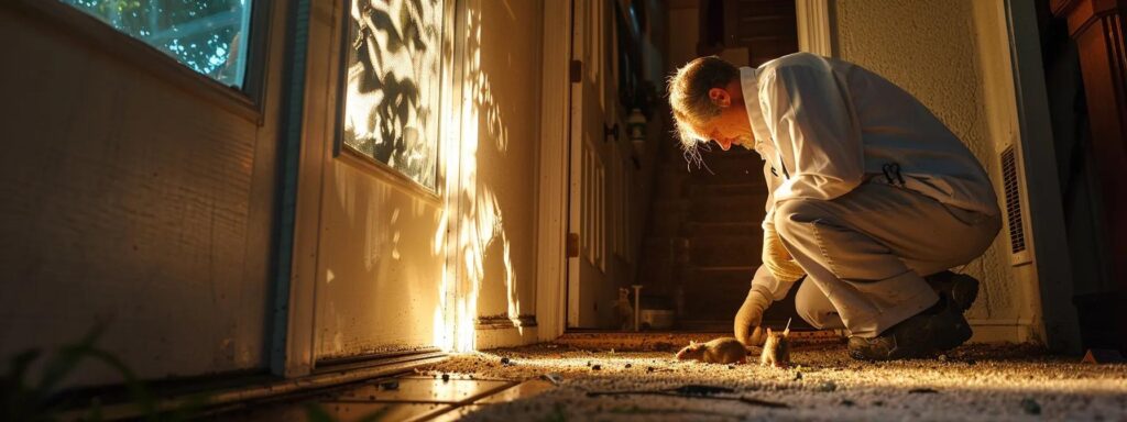 a meticulous inspection scene of a pest control expert examining a home's foundation, illuminated by soft, ambient light, highlighting signs of rat activity with vivid clarity against a backdrop of well-maintained architecture.