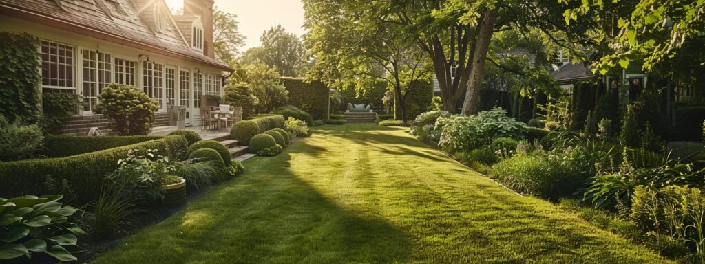 a meticulously landscaped yard with well-trimmed hedges and strategically placed outdoor lighting creates an inviting environment, effectively deterring rodents and showcasing a pest-free residential property in rhode island.