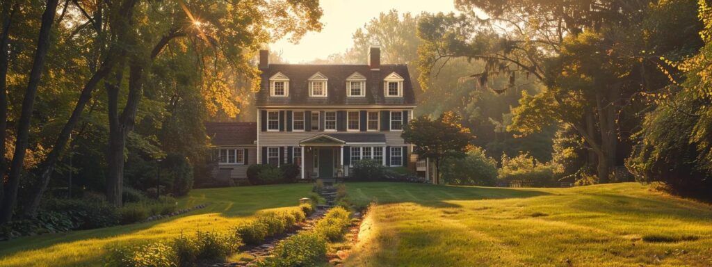 a pristine rhode island home bathed in warm, golden sunlight, surrounded by lush greenery, symbolizing a safe and pest-free environment thanks to effective pest control solutions.