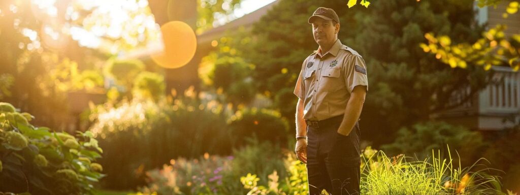 a professional exterminator in a crisp uniform stands confidently in a lush rhode island garden, expertly assessing pest control needs under warm, golden sunlight, surrounded by vibrant greenery and hints of common pests like mosquitoes and termites.