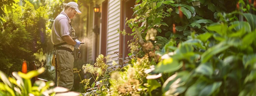 a professional exterminator surveys a residential property in rhode island, surrounded by lush greenery, examining potential pest entry points in a bright, natural daylight.