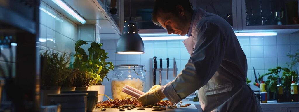 a professional pest control technician inspects a bright, clean kitchen, emphasizing food safety and expertise in managing pests with vibrant centipedes and millipedes displayed on a digital tablet, illuminated by warm, inviting light.