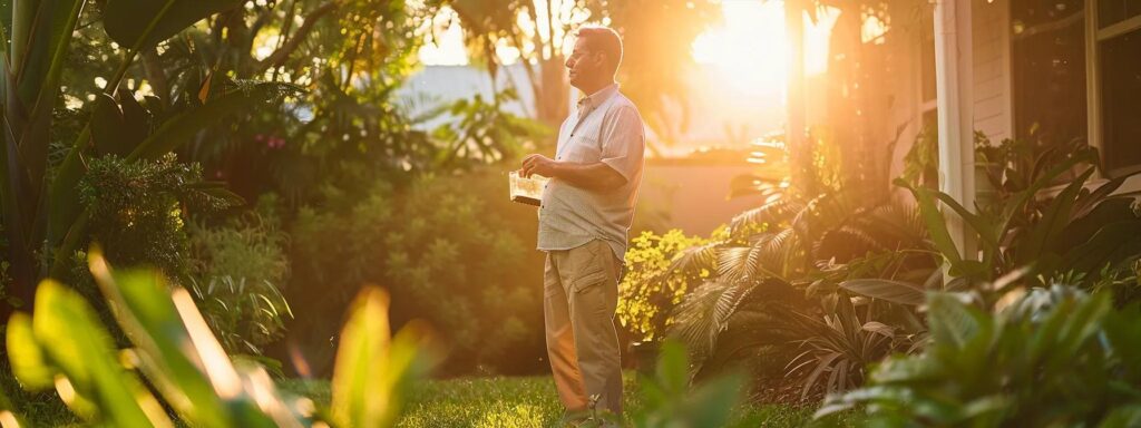 a professional pest control technician stands confidently in a well-maintained backyard, surrounded by lush greenery, as they assess a trap designed specifically for effective rat control under soft, golden sunlight illuminating the serene environment.