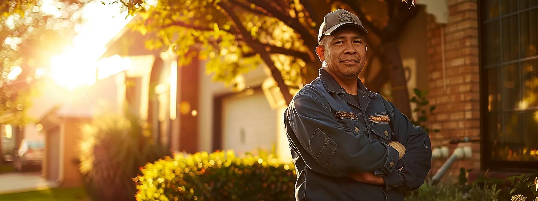 a professional pest control technician stands confidently in a residential setting, surrounded by visual cues of effective rat management, with the late afternoon sun casting a warm glow that highlights the bustling urban backdrop.