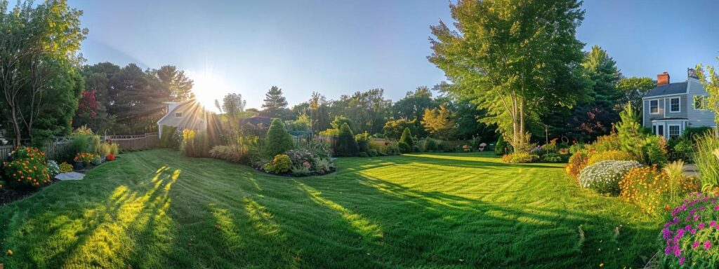 a radiant, sunlit backyard in rhode island, showcasing a pristine lawn surrounded by vibrant flowers and lush greenery, epitomizing a tranquil, pest-free environment ideal for relaxation and enjoyment.