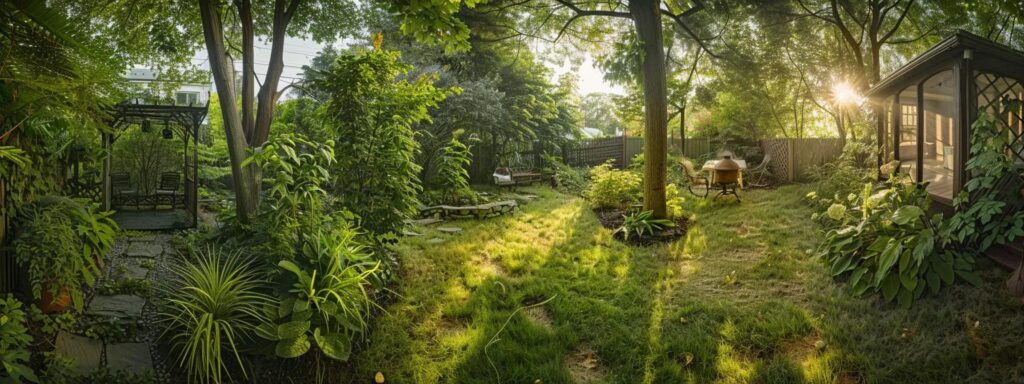 a serene rhode island backyard, vibrant with lush greenery, showcases a cozy gathering space fortified with natural pest deterrents, illuminated by warm sunlight filtering through the trees, evoking a sense of comfort and tranquility.