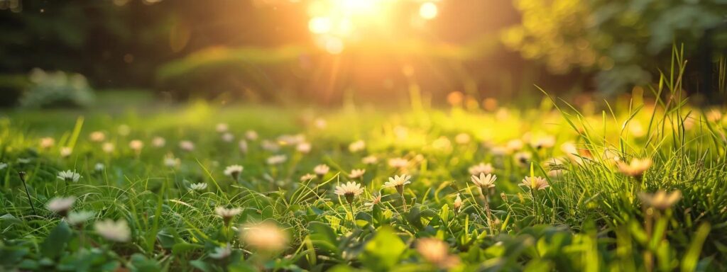 a serene rhode island backyard, vividly showcasing a vibrant green lawn and blooming flowers, symbolizes the successful pest control achieved by pro mosquito solutions, with a distant glimpse of satisfied homeowners enjoying their pest-free environment in the warm glow of sunset.