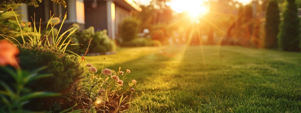 a serene rhode island backyard bathed in golden sunlight, showcasing a vibrant garden free from pests, symbolizing the effective pest control solutions provided by pro mosquito solutions.