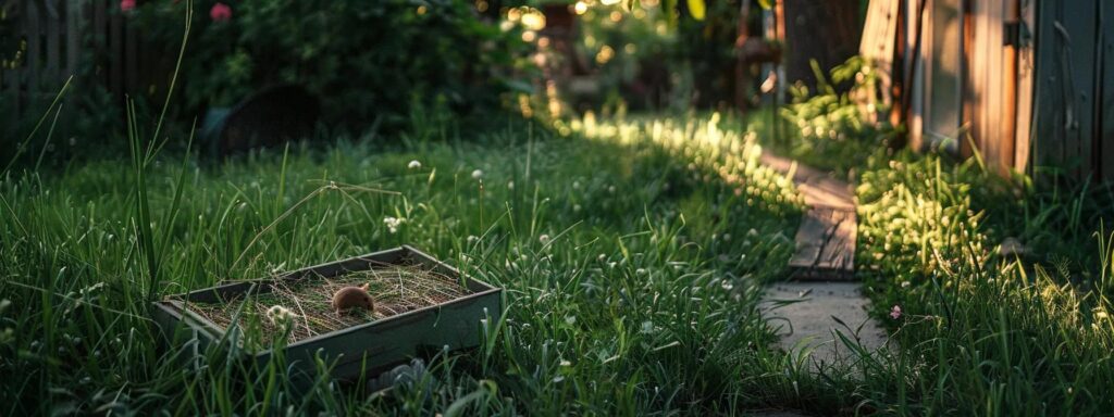 a serene suburban setting showcases a well-manicured lawn with a strategically placed, advanced rodent trap amidst lush greenery, symbolizing proactive and safe pest control methods.