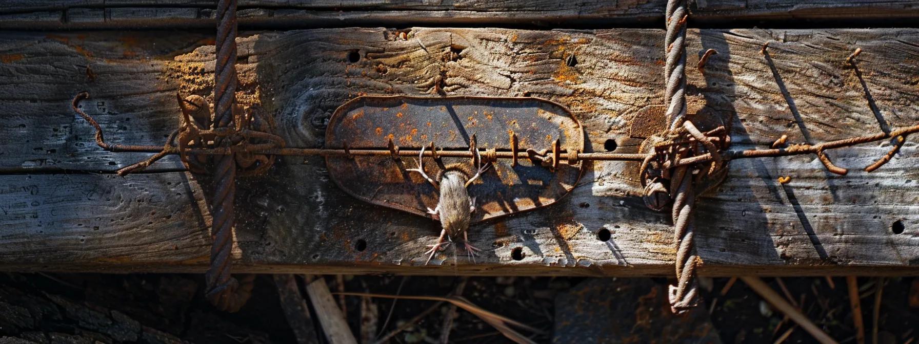 a sharp, close-up image of a clever, intricately designed rodent trap set against a rustic rhode island backdrop, prominently showcasing its effectiveness in controlling mice and rats.