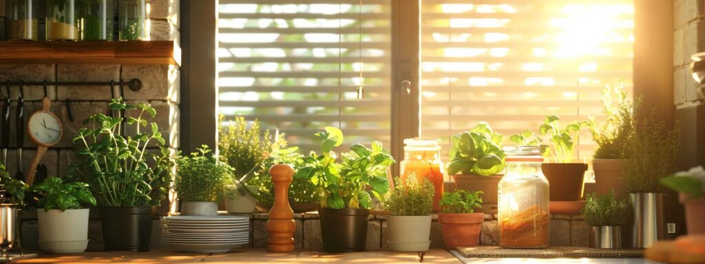 a vibrant and inviting kitchen filled with potted herbs and natural pest control tools, depicting a serene atmosphere of diy pest management while sunlight streams through the window, highlighting a harmonious balance between home and nature.