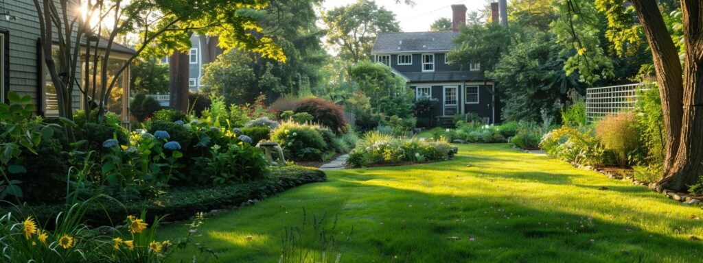 a vibrant rhode island landscape showcases a serene suburban neighborhood, with well-kept homes and lush gardens, representing the community's commitment to effective pest management and prevention through accessible local resources.