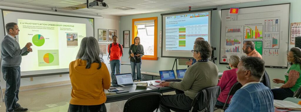 a vibrant workshop scene in a rhode island community center, where engaged homeowners attentively gather around an expert presenting innovative pest control strategies amidst colorful charts and educational materials.