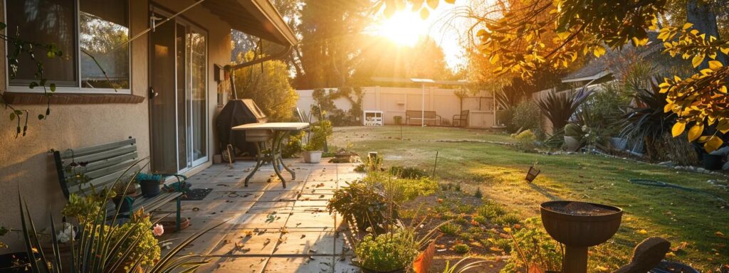 a vigilant homeowner inspects a well-maintained backyard filled with vibrant plants and a sturdy bird feeder, bathed in warm sunset light, symbolizing proactive rat prevention and community education.