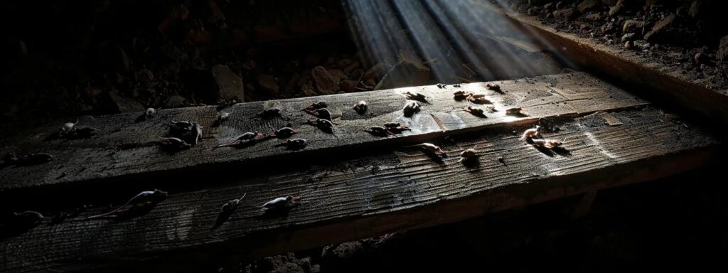 a visually striking image of a dark attic illuminated by a single beam of light reveals the ominous silhouettes of rat droppings scattered across the wooden beams, symbolizing the hidden dangers of a pest infestation.