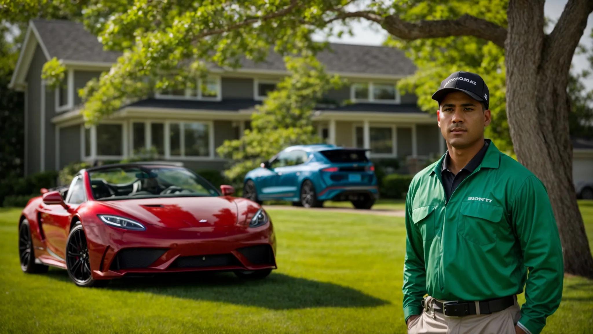 a confident pest control technician in professional attire surveys a vibrant green lawn, showcasing advanced equipment while a bright blue sky looms overhead, symbolizing effective and trusted pest management in rhode island.