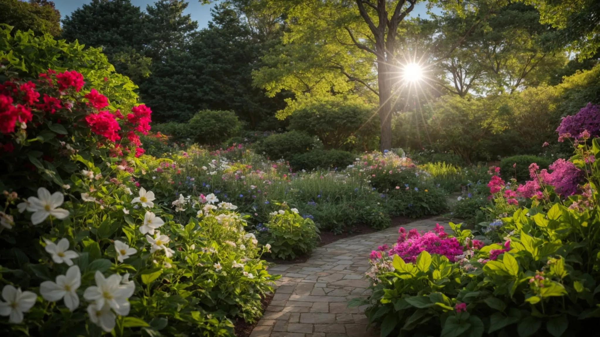 a vibrant garden in rhode island, showcasing lush greenery and blooming flowers, highlighting the effectiveness of natural pest control solutions with a clear blue sky overhead.