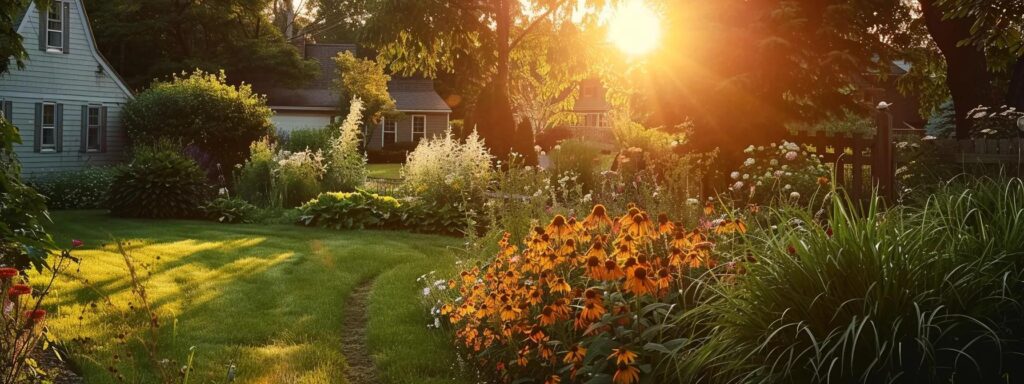 a serene backyard landscape in rhode island, bathed in golden sunset light, showcases a group of neighbors collaborating joyfully, surrounded by lush greenery and vibrant flowers, symbolizing the effectiveness of integrated mosquito management techniques for a pest-free environment.