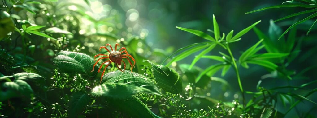 a close-up view of the distinctive deer tick nestled on lush green foliage, illuminated by soft morning light to highlight its intricate details and natural habitat.