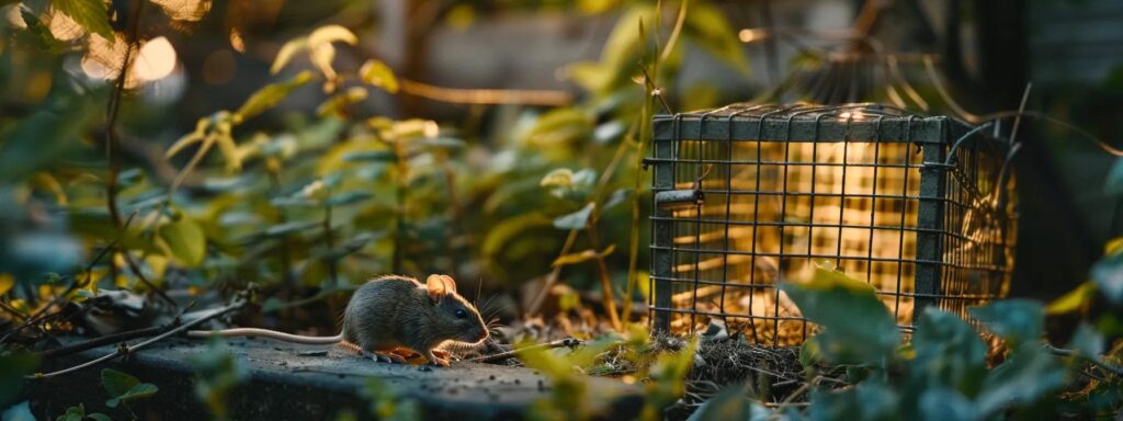 a well-lit close-up of a thoughtfully arranged rodent trap, expertly baited and strategically placed amidst natural surroundings, emphasizes effective pest management in a serene backyard environment.