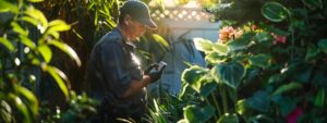 A professional exterminator confidently inspecting a vibrant garden, illuminated by soft morning light, highlighting the contrast between nature’s beauty and hidden pests.