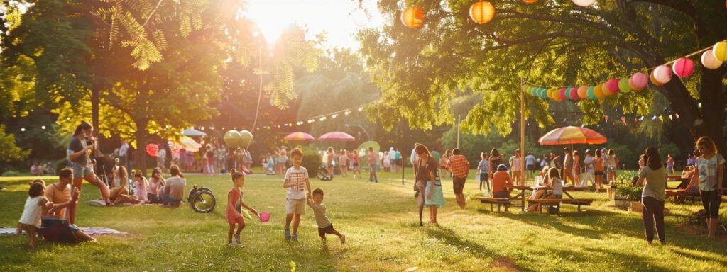 a vibrant outdoor event scene featuring bustling families enjoying a sunny day in a well-maintained park, with pest control professionals discreetly applying treatments amid colorful decorations and joyful interactions, highlighting the importance of effective pest management for a pleasant experience.