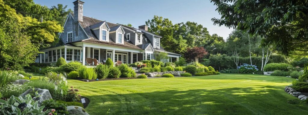 a vibrant landscape showcasing a lush, manicured lawn surrounded by strategically placed native plants and trees, illustrating an integrated pest control approach to effective tick management in a serene rhode island setting.