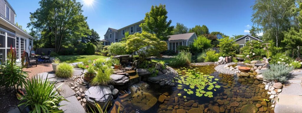 a tranquil rhode island backyard scene showcases a vibrant, sunlit garden, with flourishing plants and a sparkling pond, symbolizing effective mosquito control through community collaboration and natural beauty.