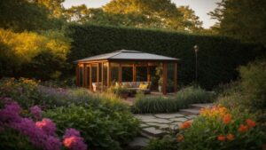 A serene Rhode Island backyard with lush greenery, colorful flowers, and strategically placed mosquito repellents, bathed in warm sunset light.