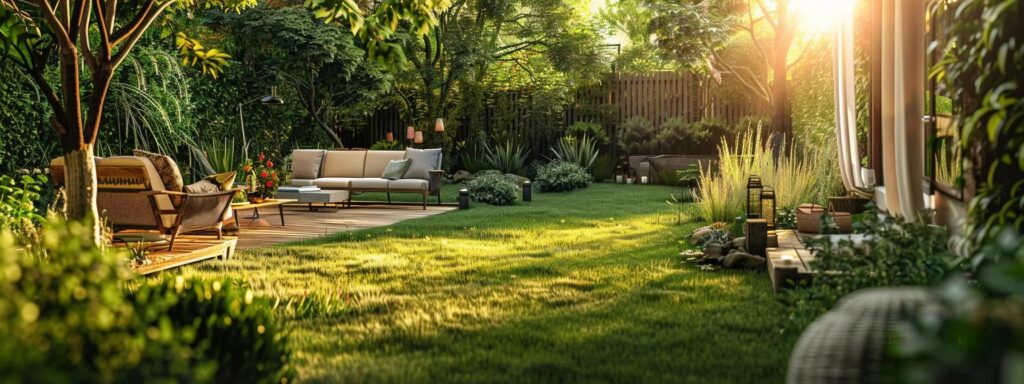 a serene, well-designed backyard with vibrant greenery and strategically placed outdoor furniture, demonstrating preventive mosquito control measures with a natural feel, bathed in warm, golden hour light.