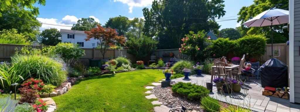 a serene rhode island backyard is depicted, showcasing a vibrant garden under sunny skies, with families enjoying the outdoors, surrounded by subtle yet effective mosquito control measures like standing water management and natural repellents, creating a pest-free haven.